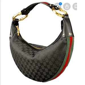 Gucci half moon hobo canvas bag w/ gold bamboo
